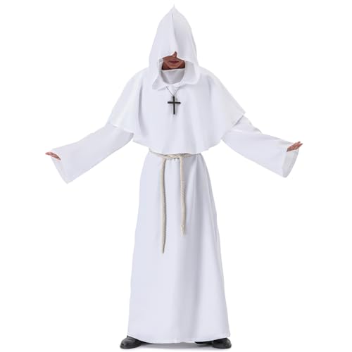 Kostium średniowiecznego mnicha z kapturem, renesansowy kapłan, kostium na Halloween, fantazyjny kostium, rozmiar L, biały