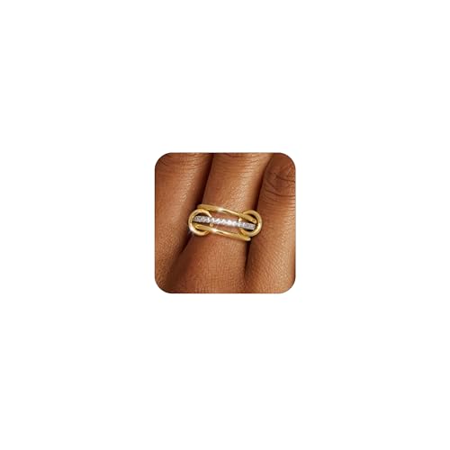 TLY Stackable Gold Rings for Women 18K Gold Plated Interlocking Ring Stack Set Gold Silver Mixed Metal Statement Rings Waterproof Dainty Cubic Zirconia CZ Fashion Connected Band Thumb Ring Size 4-11 Valentines Day Jewelry gifts
