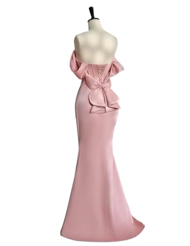 FreeBeauty Off The Shoulder Satin Prom Dresses with Bow Long Mermaid Pleated Evening Gown Cowl Neck Corset Formal Dress2
