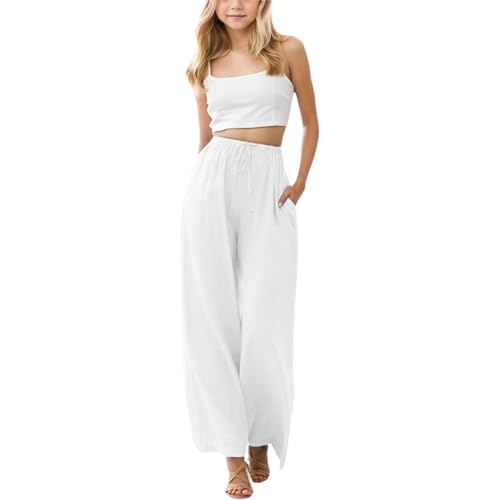 Pantalones Mujer Verano Pantalones Lino de Algodón Cómodos Ligero Pantalones Anchos Casual Cintura Alta Elástica Pantalones Rectos Fluido Pantalon con Bolsillos