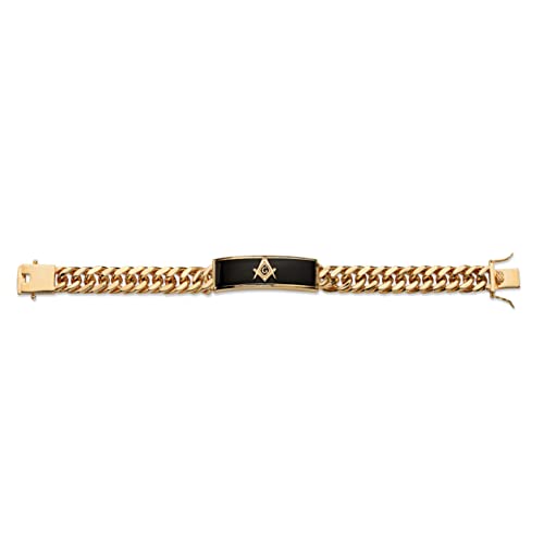 Palmbeach Jewelry Men's Yellow Gold-Plated Emerald Cut Natural Black Onyx, Masonic Link Bracelet (14.5Mm), Box Clasp, 8 Inches #TOP3