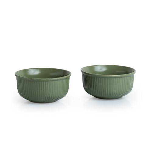Image of ExclusiveLane 'Sage Ribbed' Hand Glazed Ceramic Bowls for Serving Bowl Set (Set of 2, 480 ml, Microwave Safe, Dishwasher Safe, Green) | Kitchen Bowl Ceramic Serving Bowls for Snacks Serveware