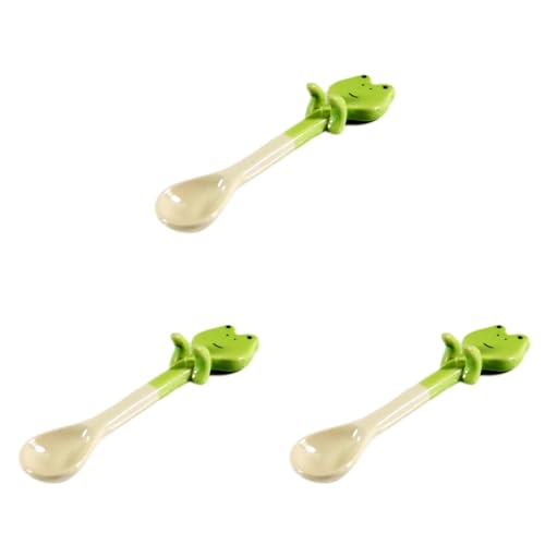 Alipis 3Pcs Green Animal Design Mini Ceramic Coffee Spoons with Hanging Hooks Cute Dessert Spoons for Kids 4.5 Inch Small Teaspoons for Bowls and Cups
