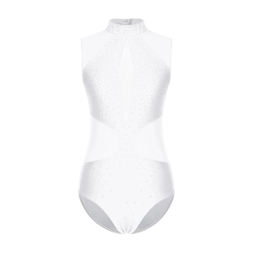 LUYSGBXR Maillot NiñA Mono de gimnasia rítmica for mujer, leotardo de patinaje artístico, malla transparente con empalme, sin mangas, for ballet, danza, yoga(White,L)