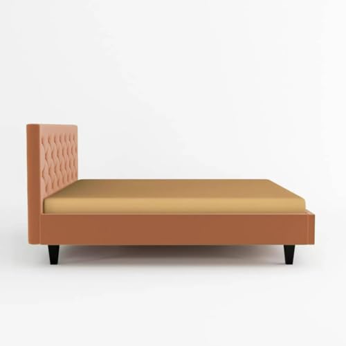 Image of Wooden Modern Upholstered King Size Bed for Bedroom | Wooden Double Bed Without Storage | Platform Cot Upholstered Bed with Upholstery Fabric | Engineered Wood | 6.5 x 6 Ft | Orange