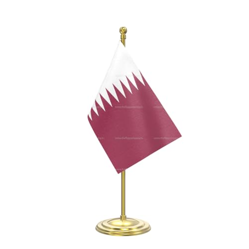 Image of The Flag Company Gold Acrylic Pole with Round Base | Desk Flag for Office, Reception & Home Decor (Qatar)
