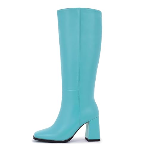 Image of Knee High Boots for Women - Wide Calf Boots with Zipper, Square Toe Tall Leather Boots, Chunky Heel Fashion Long Boots