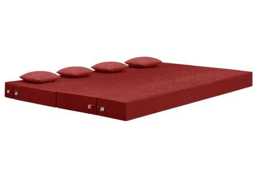 Image of Rosebell Lightweight Easy 4-Person Sofa Cum Bed Jute Fabric- Washable Cover- Including Cushion - Size 6' X 6' Ft | Color Red | Perfect for Home & Office