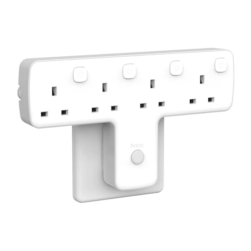 Multi Plug Adaptor, 4 Way Extension with Independent Switches, UK Built-in Surge Protector, 4 in 1 Wall Socket Extender with 180 Degree Rotation Button