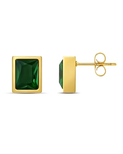 Hypoallergenic Emerald Stud Earrings for Women | 14K Gold Plated Square Green Jewelry | 8MM Vintage Women Gift for Anniversary, Sensitive Ears & Office to Party
