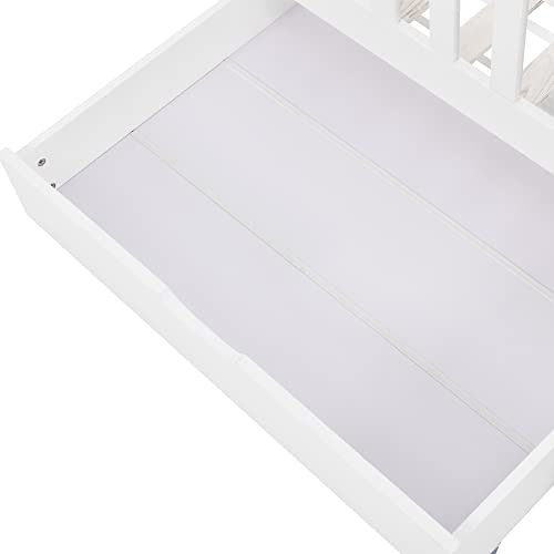 Miniatura 5 de Cama Infantil En Forma De Casa Con Chimenea, 90 X 200 Cm, Cama De Madera De Pino Blanca 2 Cajones Estanterías