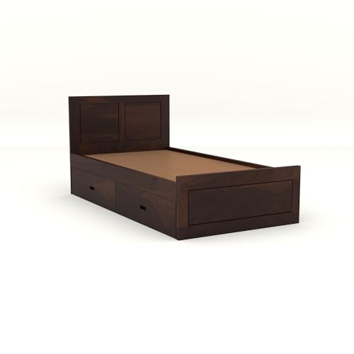 Image of Solid Sheesham Wood Single Size Bed with 2 Drawer Storage Wooden Single Cot Bed for Home Living Room Bedroom Guest Room Hotel (Walnut, Size 6 * 4)