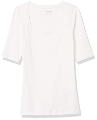 Amazon Essentials Camiseta Entallada con Media Manga y Cuello Cuadrado Mujer, Blanco Brillante, M