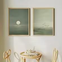 Póster abstracto japonés verde salvia, minimalismo moderno, arte lunar, decoración de pared (70x100cm x 2 piezas/sin marco)