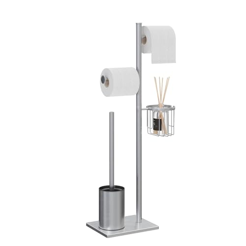 Porta carta igienica Set in acciaio inox spazzolato, autoportante, completo di scopino WC e cestino porta oggetti, perfetto per organizzare il bagno con eleganza e praticità