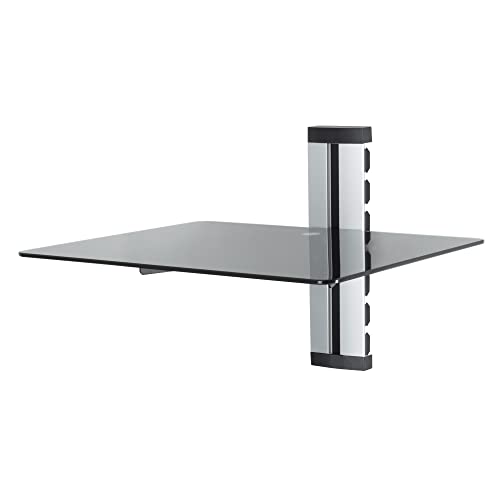 mahara Black Glass Floating Shelf - Single Tempered Glass Shelf Unit with Silver Cable Management - For TV,AV & Gaming - 38cm x 28cm - 10Kg Max