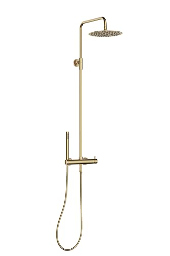 Marwell Duschsäule Gold gebürstet mit mechanischer Armatur – Duschsystem mit Messing Handbrause, verstellbarer Duschstange 880–1180 mm, flexiblem Brauseschlauch, Regendusche