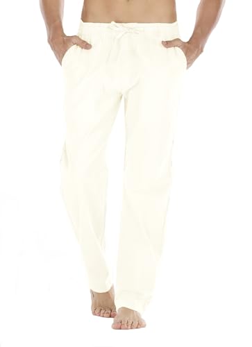 ChicCharm Mens Loose Fit Linen Pants Casual Lightweight Drawstring Stretch Cotton Linen Pants for Men Summer Beach Beige M