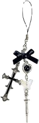 Silver and Black Phone Charm Strap Keychain Kawaii-Cute Keychain Lanyard String Black Cross-Bow Beaded Chain Lanyard Y2K, 1