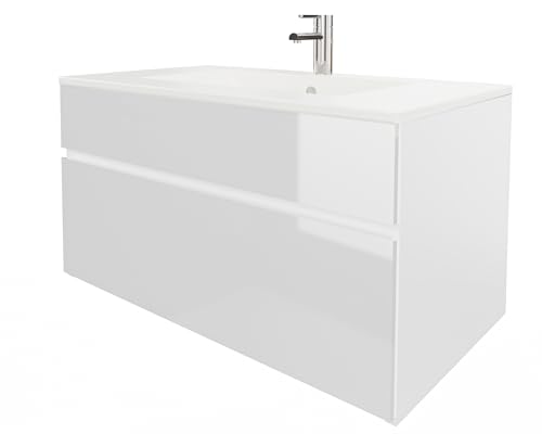 wohnartig® Stella Waschtischunterschrank – Hängend | Weiß | Weiß Hochglanz | 81,2 × 46,5 × 50 cm | Moderner Waschbeckenunterschrank mit Keramikwaschbecken | Waschbecken mit Unterschrank
