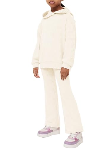 Image of Haloumoning Girls 2 Pieces Outfits Ribbed Knit Hoodies Flare Pants Sweatshirts and Sweatpants Kids Tracksuits 4-14 Years