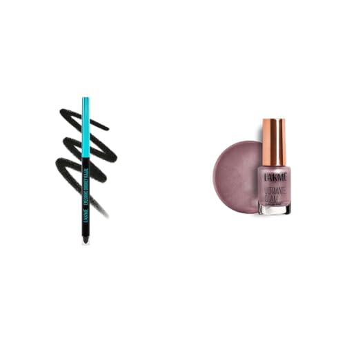 Image of LAKME 9-5 Eyeconic Smokey Kajal, Black 0.35g, for Smokey Eye Perfection, with 2x Darker Pigment, Smudge-Proof and Waterproof, Long-Wear Formula LAKME Ultimate Glam Chrome Nail Paint, Dusty Rose 6ml