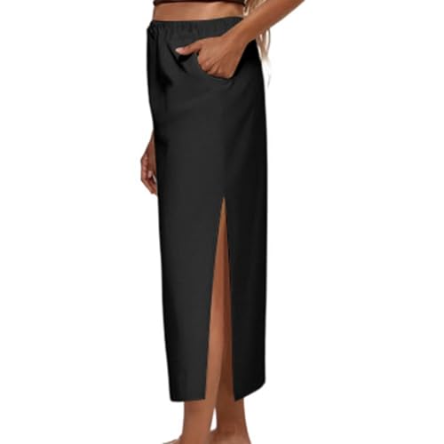 Midi Skirt with Slit for Women Mid Length Drawstring High Waist Boha Casual Flowy Flared Slit Skirts with Pockets3