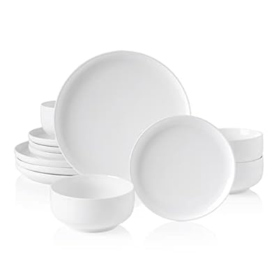 Kanwone Porcelain Dinnerware Sets for 4, Round Plates and Bowls Sets, 12 Piece Dish Set with Dinner Plates, Dessert Salad Plates and Cereal Bowls, Microwave, Oven and Dishwasher Safe, White