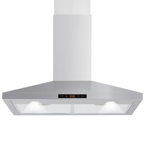 Range Hoods 30 Inch, Ductless/Ducted Convertible Wall Mount Kitchen Vent Hood with Chimney, Stainless Steel Stove Hood with Push Button, 3 Speed Exhaust Fan, Adjustable Chimney & LED Light