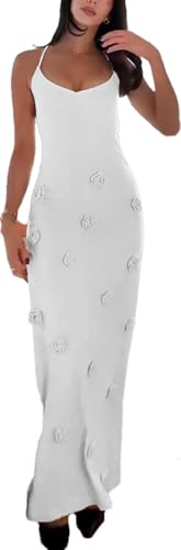 LOUSEA 3D Dresses for Women Spaghetti Strap Crochet Maxi Dress Sleeveless Knit Maxi Dress Flower Backless Beach Cover up Bodycon Knitted Dresses Beach Party vacationcover up (LS-1003-White,S)