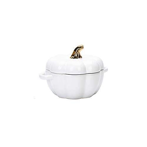 Ceramics Pumpkin Bowl, Souffle Dish Ramekins for Baking with Lid, Microwave Oven Safe Round Bowl for Pie Pasta Roasted Vegetables Baked Desserts-White