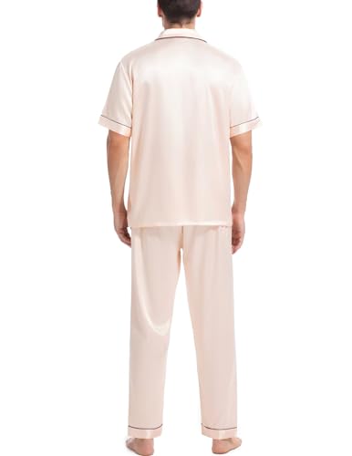 Couples Matching Pajamas Set Silk Satin Short Sleeve Sleepwear Men Button Down Loungewear Champagne Medium4