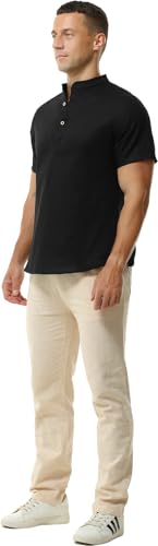 Men's Linen Cotton Blend Henley Shirt, Short Sleeve, Band Collar, Regular Fit3