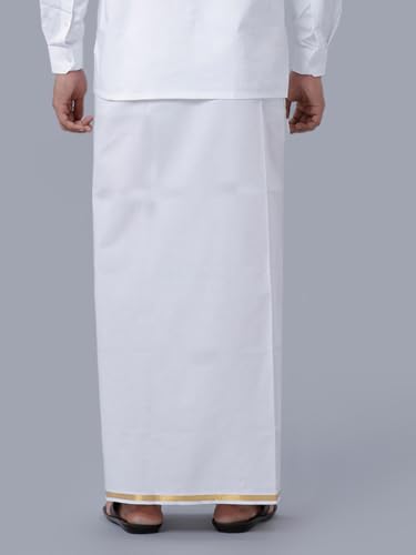 RAMRAJ COTTON Men Layer White Dhoti With Gold Jari Border For Men|Ideal For Every Occasion