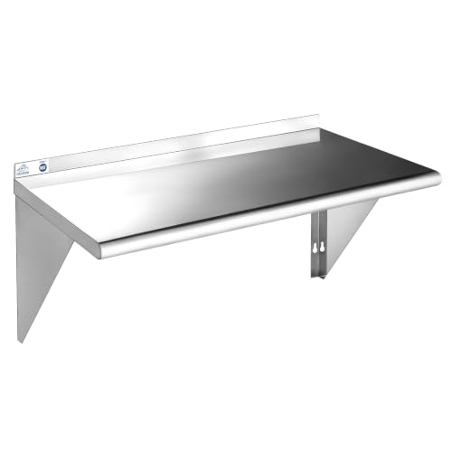 ROCKPOINT Stainless Steel Shelf 18 x 36 Inches 350lb, NSF Metal Commercial Shelves Wall Mount Floating Shelving with Backsplash for Restaurant, Kitchen, Home and Hotel, Silver