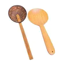 looms & weaves - Combo Pack of Coconut Shell & Neem Wood Rice Serving Spoons (2 Nos)