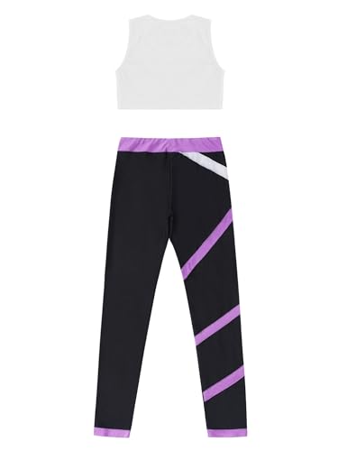 easyforever Kid Girls Crop Tops Racerback Tank Top And Gymnastics Leggings 2 Piece Dance Sports Clothes Set White&Lavender 8 Years4