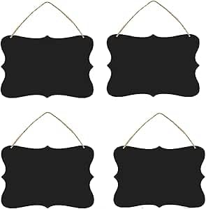 4 Pack Wooden Double Sided Hanging Chalkboard Signs Erasable Message Board Sign with Hanging String for Wedding Kitchen Party Decoration (9 x 7 inch)