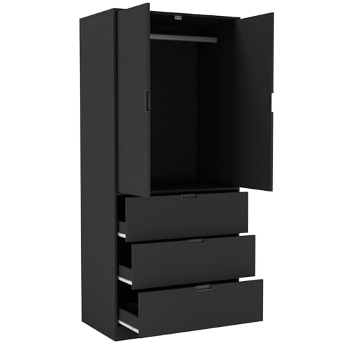 URBNLIVING Modern 2 Door Wardrobe with 3 Drawers & Hanging Rail, Stylish Freestanding Storage, Spacious Interior, Durable Chipboard Build, Easy to Assemble Bedroom Furniture