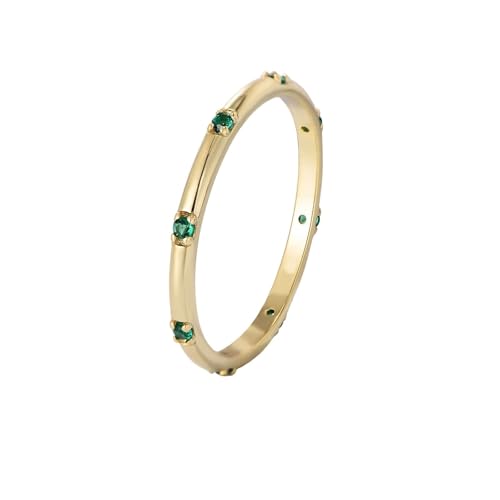 Delicado anillo para mujer, anillos para mujer, conjunto redondo con verde laboratorio, esmeralda, oro amarillo de 9 quilates, talla 60 (19,1)