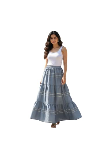 Image of Payal Creation Women's Rayon Flared Long Skirt with Gota Lace | Ethnic Maxi Skirt for Girls & Women | Festive Casual Flowy Comfortable Skirt | Free Size White Long Skirt