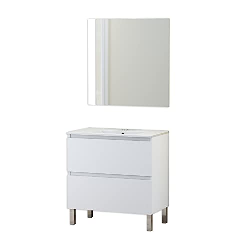 Baikal Conjunto Mueble de Baño con Lavabo y Espejo, con Patas, en Varios Acabados, Melamina 16. Puerta + Cajón 80 cm Blanco