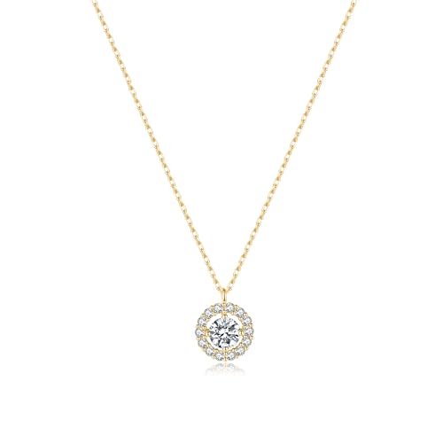 Image of SLUYNZ 925 Sterling Silver Small CZ Circle Necklace for Women Teens Diamond Round Pendant Necklace Chain (B-Gold)
