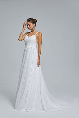 Image of Spaghetti Chiffon Beach Wedding Dress V Neck A line Bridal Gowns Lace Plus Size Wedding Dress