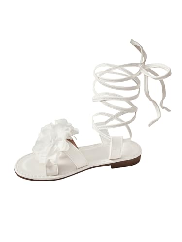 GORGLITTER Girl's 3D Flower Gladiator Flat Sandals Criss Cross Strappy Lace Up Open Toe Slide Shoes