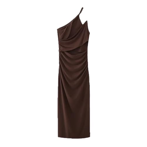 Damen Kleid mit diagonalem Kragen, Neckholder, ärmellos, ausgestanzt, braun, Small