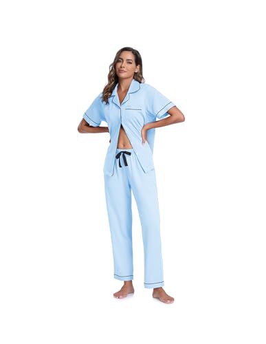 Image of CF Womens 100% Cotton Pajamas Set Button Down Pjs Sets Short Sleeve Top & Long Pants Sleepwear Comfy Loungewear with Pockets
