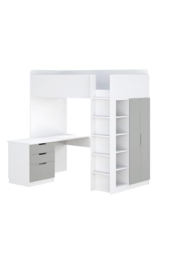 Shefa Kids Hochbett Mit Schreibtisch - Platzsparendes 5-in-1 Hochbett Kinder Mit Treppe, Kleiderschrank, Regal & Arbeitsbereich - Grau, Belastbar Bis 90 Kg, Maße: 206 x 107 cm