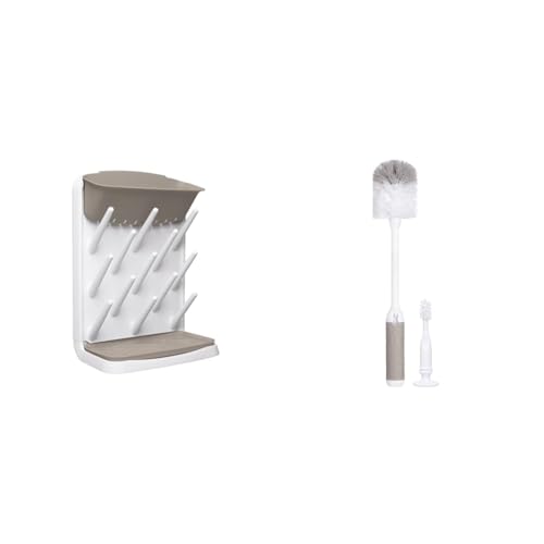 Ubbi 13-Peg Baby Bottle Drying Rack and Bottle Brush Set with Nipple Brush, Taupe