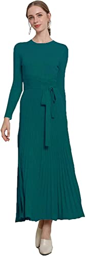 Image of Women's Long Sleeve Sweater Dress Ankle Length Fall Dress Vneck Knit Winter Dress